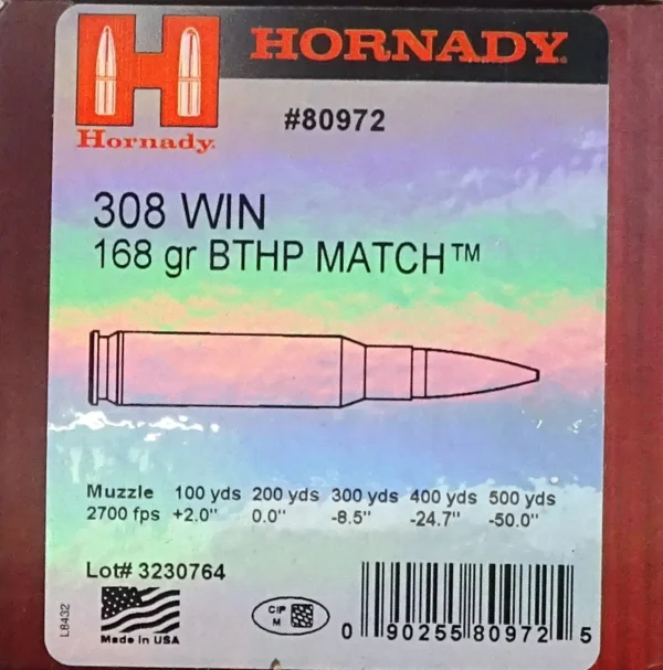 Hornady .308Win BTHP Match 168grs