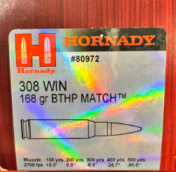 500 Schuss Hornady .308Win Match BTHP 168grs/10,9g